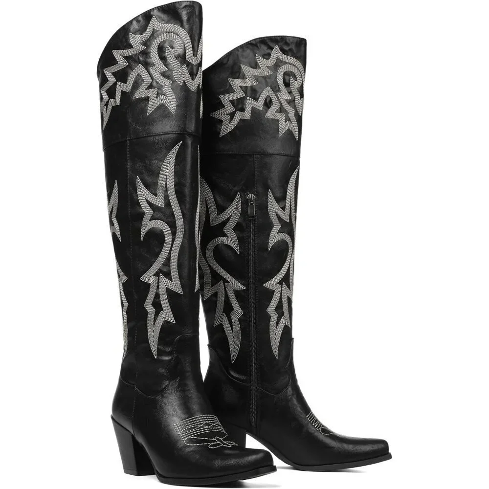 Women Black Pu Polyurethane Thigh High Embroidered Pointed Toe Chunky Heels Boot